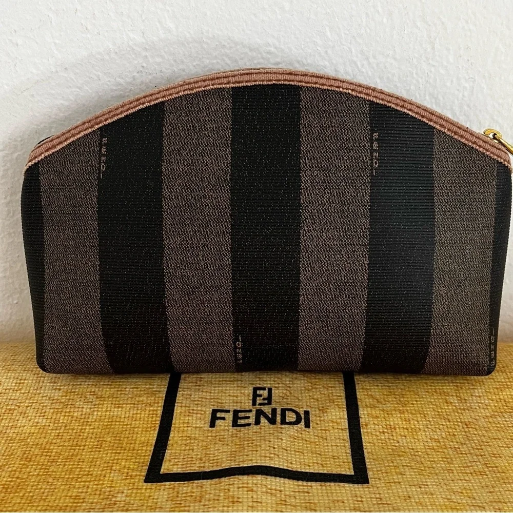 FENDI Pecan Striped Canvas Pouch Black Brown Gold COA 1980s Italy